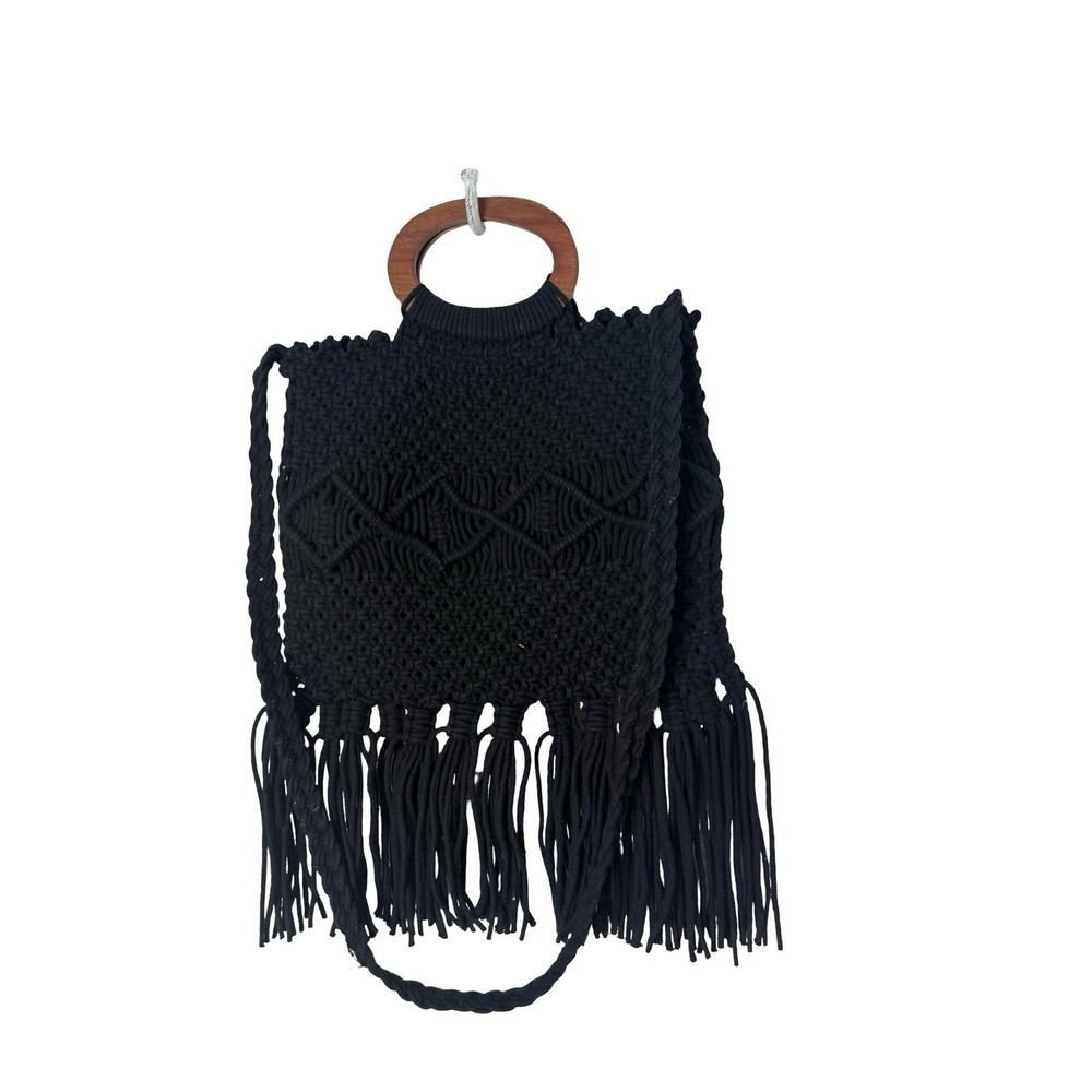 Macramé Fringe Bag Wood Handle Shoulder Strap Boho Festival 70's